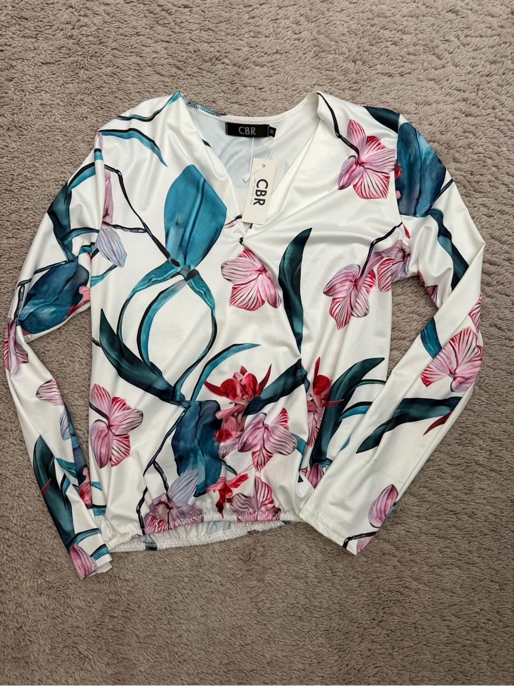 CBR White Floral Twist-Front Long Sleeve Top with Teal Leaves